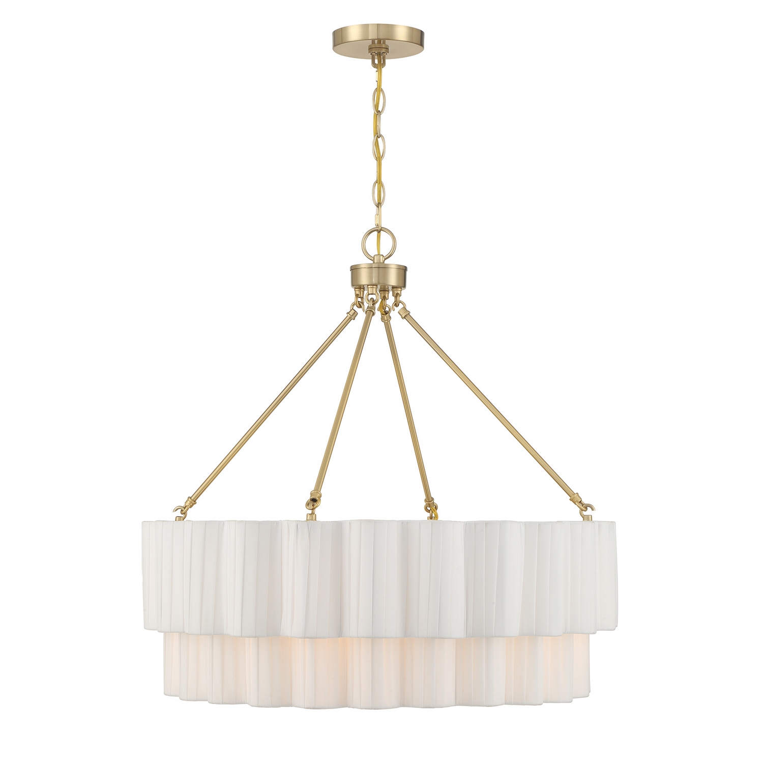 The Savoy House Tucker 4-light pendant offers an elegant blend of softness, texture, and graceful form. Its layered shade of softly rippling pleated white fabric creates a luminous glow and adds delicate movement throughout the design. Finished in radiant Noble Brass, Tucker balances relaxed sophistication with polished refinement, making it a beautiful choice for dining rooms, bedrooms, living areas, and more. Tucker is 25.75" in height and 26" in width. Uses four standard size bulbs of up to 60 watts per bulb. Bulbs not included. Comes with 120" of chain. Collection: Tucker Rooms: Bedroom, Billiard Room, Dining Room, Foyer, Kitchen, Office, Powder Room, Stairway, Lobby, Waiting Room, Media Room Finish: Noble Brass Glass: White Pleated Width: 26.00" Height: 25.75" Length: 26.00" Weight: 13.64 lb Chain: 120" Wire: 144" Canopy: 0.88" x 5.13" x 5.13" Number of Bulbs: 4 Maximum Wattage: 60.00 W Bulb Base: E26 Light Source: Incandescent/LED Dimmable Voltage: 120.00 V Material: Metal, Fabric Safety Listing: ETL/CETL Safety Rating: Dry LED