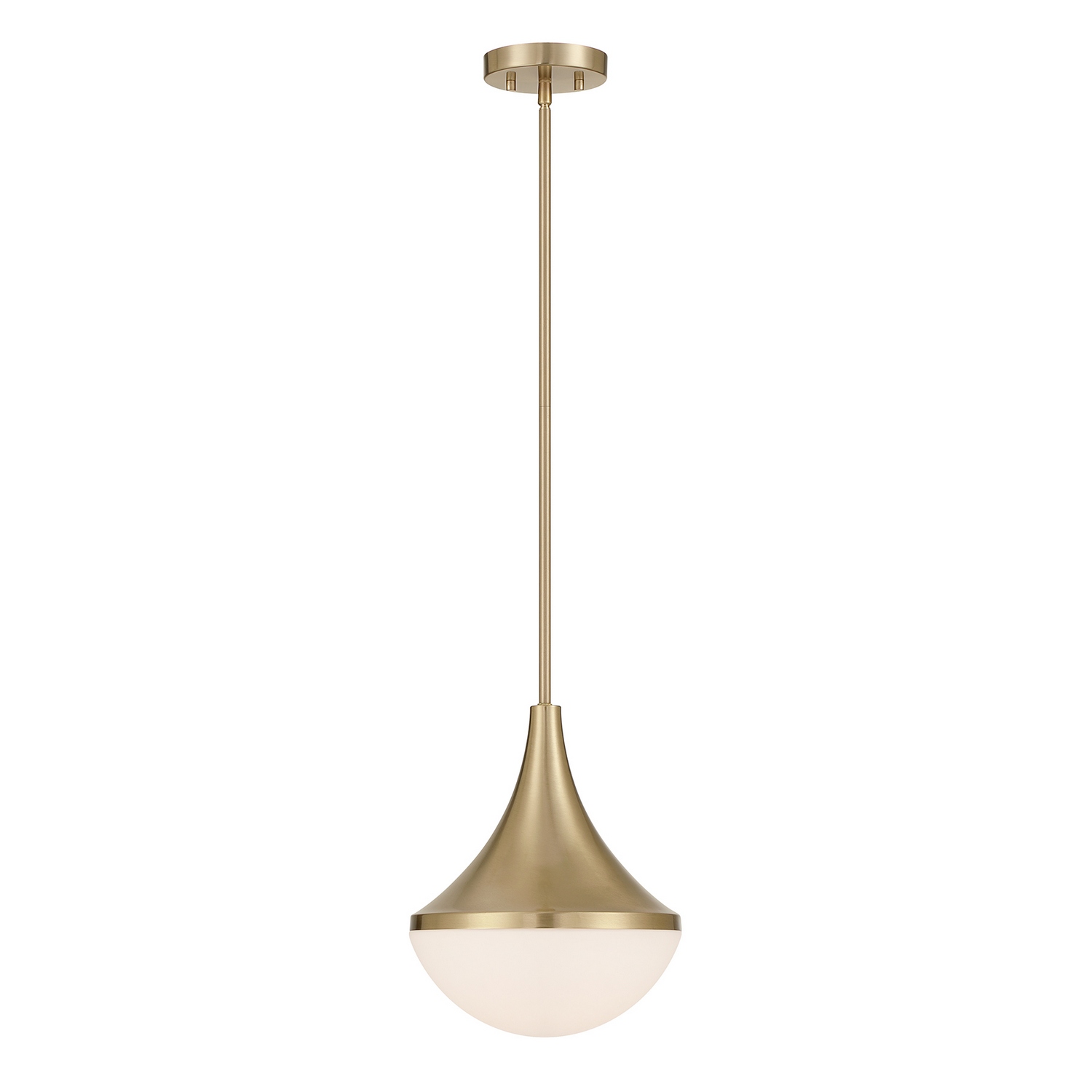 The Savoy House Ogdon 1-light pendant pairs clean geometry with soft illumination for an effortlessly refined look. Its elegantly curved silhouette is finished in luminous Noble Brass and accented by an opal white glass shade that creates a gentle, welcoming glow. With its polished simplicity and versatile styling, Ogdon complements a wide range of contemporary and transitional spaces beautifully. Ogdon is 12" in width and has an adjustable height ranging from 13" to 67". It uses one standard size bulb of up to 60 watts. Bulb not included. Comes with four 12" downrods and one 6" downrod. Collection: Ogdon Rooms: Bedroom, Billiard Room, Dining Room, Foyer, Kitchen, Office, Powder Room, Stairway, Lobby, Waiting Room, Media Room Finish: Noble Brass Glass: White Opal Width: 12.00" Height: 13.00" Length: 12.00" Weight: 6.53 lb Wire: 80" Rod: 4 x 12" & 1 x 6" Canopy: 0.88"x5.13"x5.13" Number of Bulbs: 1 Maximum Wattage: 60.00 W Bulb Base: E26 Light Source: Incandescent/LED Dimmable Voltage: 120.00 V Material: Metal, Glass Safety Listing: ETL/CETL Safety Rating: Dry LED Spec Sheet