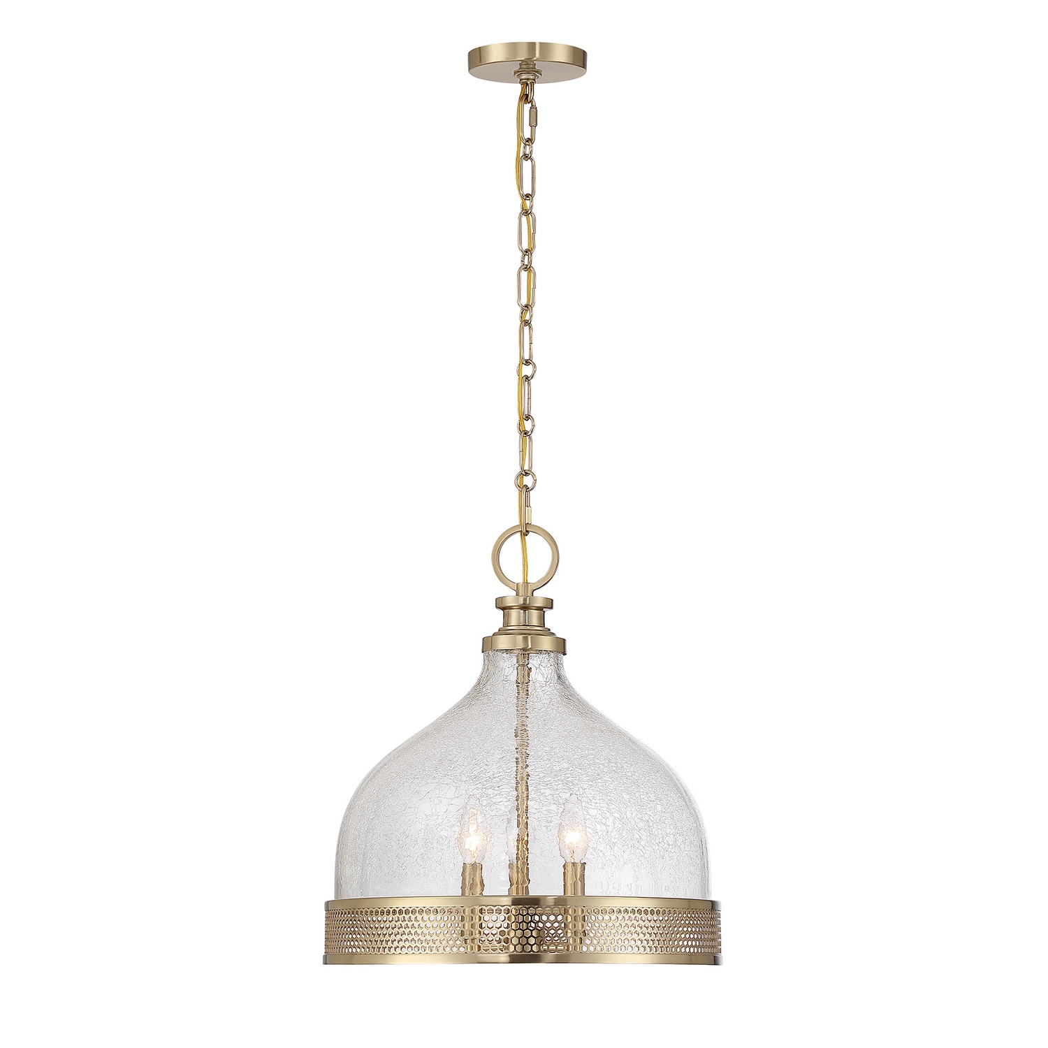 The Savoy House Stern 3-light pendant draws inspiration from vintage industrial lighting and showcases richly layered craftsmanship throughout the design. A substantial bell-shaped shade of heavily crackled glass creates remarkable texture and softly diffused illumination, while a vented band featuring intricate hexagonal detailing adds depth and visual complexity. Finished in warm Noble Brass, Stern balances heritage character with elevated sophistication for a look that is timeless and distinctive. Stern is 18.25" in height and 16" in width. Uses three candelabra size bulbs of up to 60 watts per bulb. Bulbs not included. Comes with 120" of chain. Collection: Stern Rooms: Bedroom, Billiard Room, Dining Room, Foyer, Kitchen, Office, Powder Room, Stairway, Lobby, Waiting Room, Media Room Finish: Noble Brass Glass: Clear Crackled Width: 16.00" Height: 18.25" Length: 16.00" Weight: 7.00 lb Chain: 120" Wire: 144" Canopy: 0.75" x 5" x 5" Number of Bulbs: 3 Maximum Wattage: 60.00 W Bulb Base: E12 Light Source: Incandescent/LED Dimmable Voltage: 120.00 V Material: Metal, Glass Safety Listing: ETL/CETL Safety Rating: Dry LED