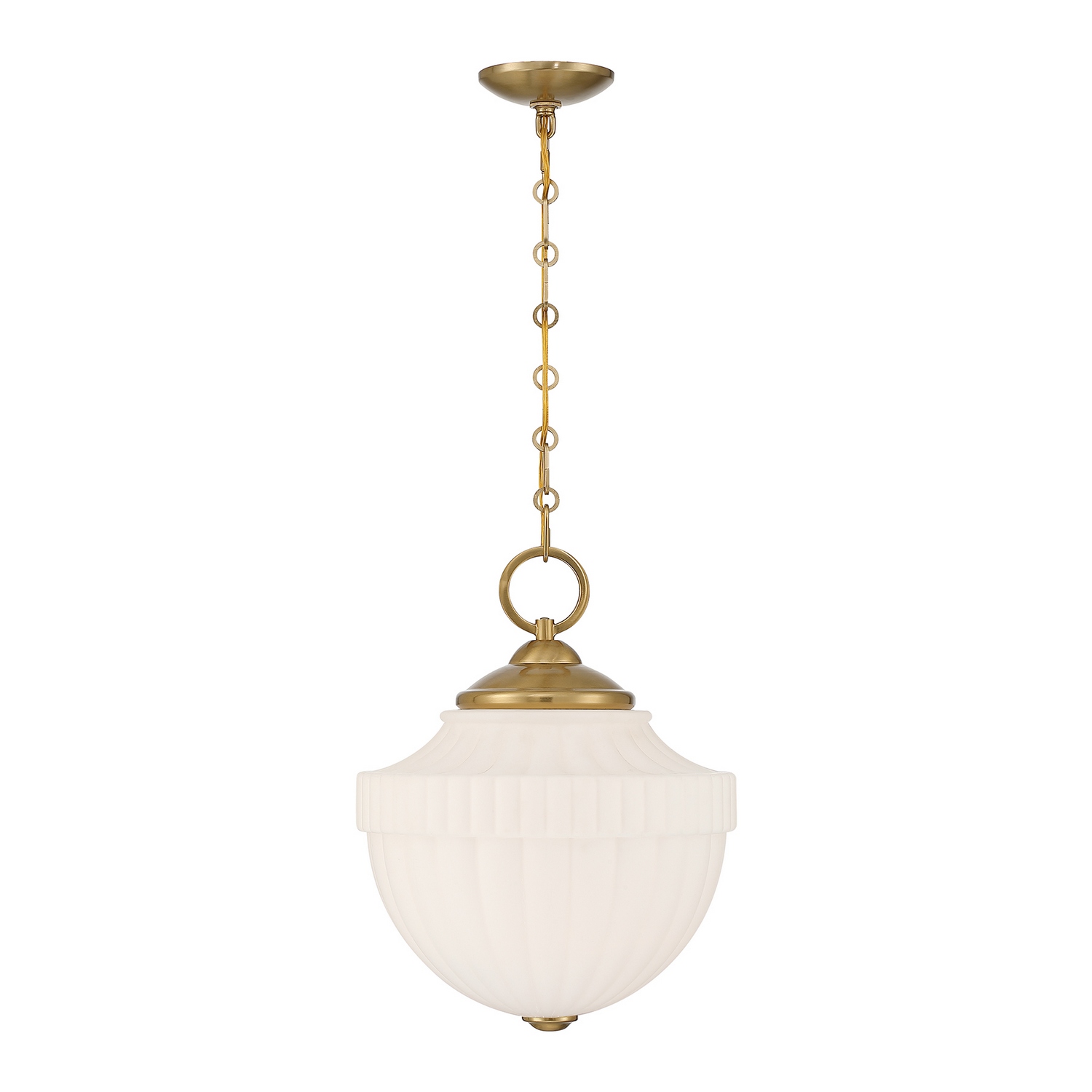 The Savoy House Montrose 1-light pendant channels the enduring appeal of vintage utility lighting through a warm and elevated lens. An intricately molded white opal glass shade creates soft, welcoming illumination, while rounded chain links add a subtle jewelry-inspired detail that enhances the timeless charm. The Warm Brass finish lends richness and nostalgic character, making Montrose a natural fit for kitchens, dining spaces, and thoughtfully layered interiors. Montrose is 16.38" in height and 14" in width. It uses one standard size bulb of up to 60 watts. Bulb not included. Comes with 120" of chain. Collection: Montrose Sub-Brand: Savoy House Essentials Rooms: Bedroom, Billiard Room, Dining Room, Foyer, Kitchen, Office, Powder Room, Stairway, Lobby, Waiting Room, Media Room Finish: Warm Brass Glass: White Opal Width: 14.00" Height: 16.38" Length: 14.00" Weight: 6.62 lb Chain: 120" Wire: 144" Canopy: 1"x5"x5" Number of Bulbs: 1 Maximum Wattage: 60.00 W Bulb Base: E26 Light Source: Incandescent/LED Dimmable Voltage: 120.00 V Material: Metal, Glass Safety Listing: ETL/CETL Safety Rating: Dry LED Spec Sheet