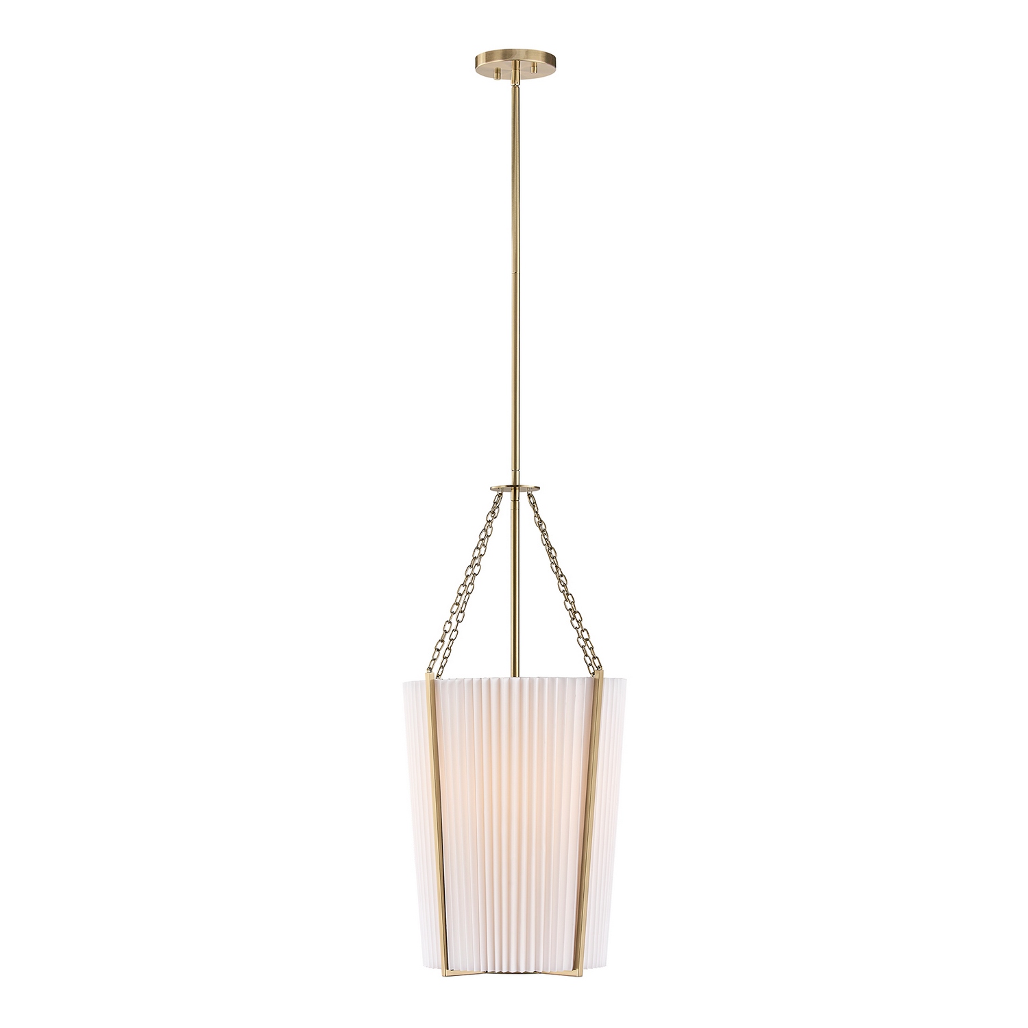 The Savoy House Joplin 1-light pendant is effortlessly elegant with a blend of graceful texture and polished detailing. A white pleated fabric shade creates a soft, welcoming glow, framed by decorative prongs and chain accents finished in radiant Noble Brass. The layered interplay of fabric and metal gives Joplin a refined, fashion-inspired presence that complements a wide variety of interiors beautifully. Joplin is 14" in width and has an adjustable height ranging from 29" to 83". Uses one standard size bulb of up to 60 watts. Bulb not included. Comes with four 12" downrods and one 6" downrod. Collection: Joplin Rooms: Bedroom, Billiard Room, Dining Room, Foyer, Kitchen, Office, Powder Room, Stairway, Lobby, Waiting Room, Media Room Finish: Noble Brass Glass: White Pleated Width: 14.00" Height: 29.00" Length: 14.00" Weight: 6.00 lb Wire: 80" Rod: 4 x 12" & 1 x 6" Canopy: 0.75"x5"x5" Number of Bulbs: 1 Maximum Wattage: 60.00 W Bulb Base: E26 Light Source: Incandescent/LED Dimmable Voltage: 120.00 V Material: Metal, Fabric Safety Listing: ETL/CETL Safety Rating: Dry LED Spec Sheet