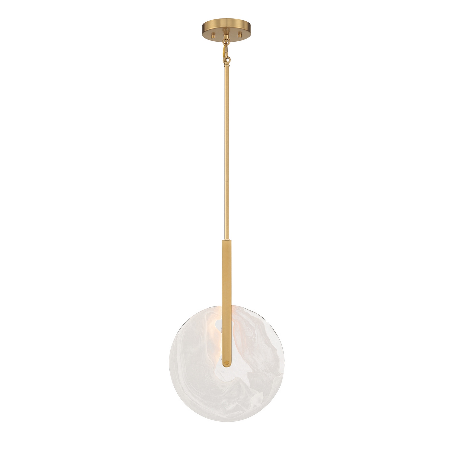 The Savoy House Ainslie 1-light LED pendant showcases the elegance of minimal modern design. Its sleek Warm Brass structure frames a luminous disc of strie glass with a delicate texture that softly diffuses the integrated LED illumination within. The result is an airy, glowing centerpiece that brings warmth and polished sophistication to kitchens, dining spaces, bedrooms, and more. Ainslie is 12" in width and has an adjustable height ranging from 18" to 62". Comes with four 12" downrods and one 6" downrod. Integrated LED delivers 108 lumens at 3000K color temperature and 90 CRI. Collection: Ainslie Rooms: Bedroom, Billiard Room, Dining Room, Foyer, Kitchen, Office, Powder Room, Stairway, Lobby, Waiting Room, Media Room Finish: Warm Brass Glass: Strie Width: 12.00" Height: 18.00" Length: 12.00" Weight: 6.23 lb Wire: 80" Rod: 4 x 12" & 1 x 6" Canopy: 1.13" x 5.13" x 5.13" Bulbs Included Number of Bulbs: 1 Maximum Wattage: 6.50 W Bulb Base: Integrated Light Source: LED Delivered Lumens: 108.00 lm Color Temperature: 3000 K CRI: 90 Dimmable Voltage: 120.00 V Material: Metal, Glass Safety Listing: ETL/CETL Safety Rating: Dry LED