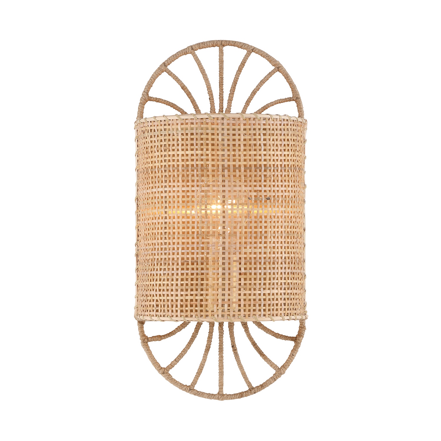 The Savoy House Shawnee 1-light sconce pairs woven rattan texture with graceful radiating accents for a look that is relaxed, yet thoughtfully refined. Natural woven detailing softens the illumination while bringing warmth and organic dimension to the wall. Warm Brass accents add a subtle touch of polish that beautifully balances Shawnee's casual elegance. This versatile sconce is ideal for bedrooms, hallways, bathrooms, and other spaces designed to feel welcoming and effortlessly layered. Shawnee is 15" in height, 7" in width and extends 4.5" from the wall. It uses one standard size bulb of up to 60 watts. Bulb not included. Damp area rated. Collection: Shawnee Rooms: Bathroom, Bedroom, Billiard Room, Closet, Dining Room, Entryway, Family Room, Great Room, Kitchen, Hallway, Living Room, Office, Powder Room, Stairway, Sunroom, Lobby, Waiting Room, Media Room Finish: Warm Brass Glass: Woven Width: 7.00" Height: 15.00" Length: 4.50" Weight: 2.20 lb Extension from Wall: 4.50" Canopy: 8.25" x 6.88" x 0.75" Number of Bulbs: 1 Maximum Wattage: 60.00 W Bulb Base: E26 Light Source: Incandescent/LED Dimmable Voltage: 120.00 V Material: Metal, Rattan Safety Listing: ETL/CETL Safety Rating: Damp LED