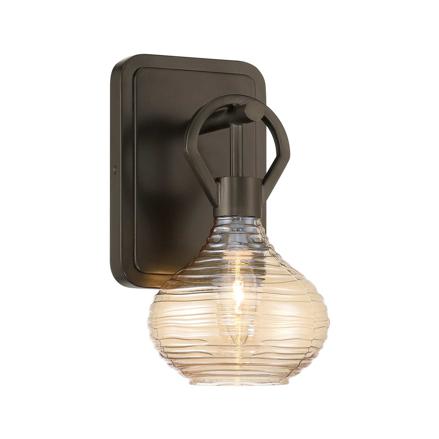 The Savoy House Sheriden 1-light sconce delivers warmth, texture, and sculptural detail in a beautifully compact form. Its rippled bronze glass shade features wave-like texture that softly diffuses illumination and adds rich visual dimension. The oversized Mediterranean Bronze ring and coordinating backplate create a bold framework that gives Sheriden its distinctive character. This versatile sconce brings inviting ambiance to bathrooms, hallways, bedrooms, and accent spaces alike. Sheriden is 11.5" in height, 6" in width and extends 7" from the wall. Uses one candelabra size bulb of up to 60 watts. Bulb not included. Damp area rated. Collection: Sheriden Rooms: Bathroom, Bedroom, Billiard Room, Closet, Dining Room, Entryway, Family Room, Great Room, Kitchen, Hallway, Living Room, Office, Powder Room, Stairway, Sunroom, Lobby, Waiting Room, Media Room Finish: Mediterranean Bronze Glass: Bronze Rippled Width: 6.00" Height: 11.50" Length: 7.00" Weight: 2.10 lb Extension from Wall: 7.00" Canopy: 7.83" x 5.38" x 1" Number of Bulbs: 1 Maximum Wattage: 60.00 W Bulb Base: E12 Light Source: Incandescent/LED Dimmable Voltage: 120.00 V Material: Metal, Glass Safety Listing: ETL/CETL Safety Rating: Damp LED