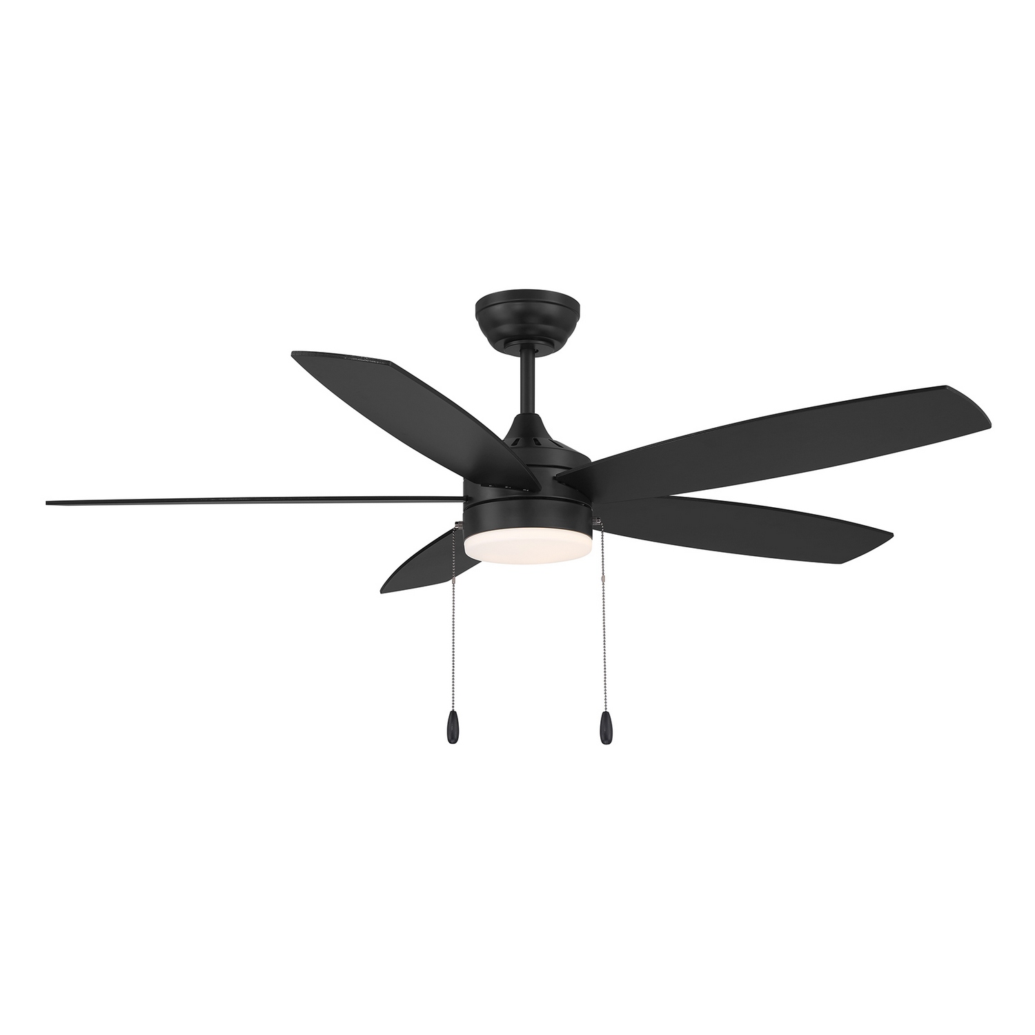 Bring crisp modern style and everyday comfort to the home with this 52" ceiling fan. Finished in Matte Black with matching blades and paired with a matte opal glass shade, it offers bold contrast and softly diffused illumination in one streamlined design. LED bulbs with a 3000K color temperature are included for warm, welcoming light. Features pull chain operation with 3-speed reversible control. Damp area rated for use in indoor spaces as well as covered outdoor areas. Comes with one 6" downrod. Additional downrods may be used for taller ceilings. Rooms: Bedroom, Billiard Room, Family Room, Great Rooms, Kitchen, Living Room, Office, Sunroom, Workshop, Lobby, Waiting Room, Media Room Finish: Matte Black Glass: White Opal Width: 52.00" Height: 7.63" Length: 52.00" Weight: 13.89 lb Rod: 1 x 6" Canopy: 2.38" x 5.88" x 5.88" Bulbs Included Number of Bulbs: 1 Maximum Wattage: 16.00 W Bulb Base: Integrated Light Source: LED Light Output: 1206.00 lm Delivered Lumens: 839.00 lm Color Temperature: 3000 K CRI: 90 Rated Average Life: 15000 Voltage: 120.00 V Airflow: 5534 CFM Electricity Use: 61 W Airflow Efficiency: 89.84 CFM/W Blade Pitch: 11.5° Blade Span: 52" Blade Finish: Black Light Kit: Included Speeds: 3 Control: Pull Chain Downrod: 6" Material: Metal, ABS, Glass Safety Listing: ETL/CETL Safety Rating: Damp LED