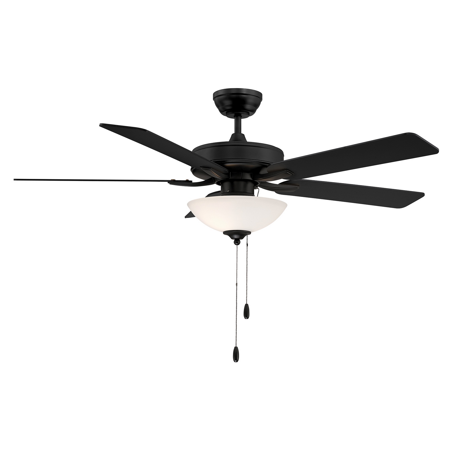 Bring bold contrast and streamlined style to the home with this 52" ceiling fan. Its Matte Black finish pairs beautifully with the white frosted glass shade for a crisp, contemporary look, while reversible blades finished in walnut and matte black add versatile visual appeal. Two LED bulbs with a 3000K color temperature are included for warm, welcoming illumination. Features pull chain operation with 3-speed reversible control. Indoor use only. Comes with one 4" downrod. Additional downrods may be used for taller ceilings. Rooms: Bedroom, Billiard Room, Family Room, Great Rooms, Kitchen, Living Room, Office, Sunroom, Workshop, Lobby, Waiting Room, Media Room Finish: Matte Black Glass: White Frosted Width: 52.00" Height: 13.13" Length: 52.00" Weight: 16.54 lb Rod: 1 x 4" Canopy: 2.38" x 5.88" x 5.88" Bulbs Included Number of Bulbs: 2 Bulb Base: E26 Light Source: Incandescent/LED Light Output: 1783.00 lm Delivered Lumens: 1619.00 lm Color Temperature: 2700 K CRI: 80 Rated Average Life: 15000 Voltage: 120.00 V Airflow: 5564 CFM Electricity Use: 61 W Airflow Efficiency: 90.32 CFM/W Blade Pitch: 11.5° Blade Span: 52" Blade Finish: Walnut/Matte Black Light Kit: Included Speeds: 3 Control: Pull Chain Downrod: 4" Material: Metal, Wood, Glass Safety Listing: ETL/CETL Safety Rating: Dry LED