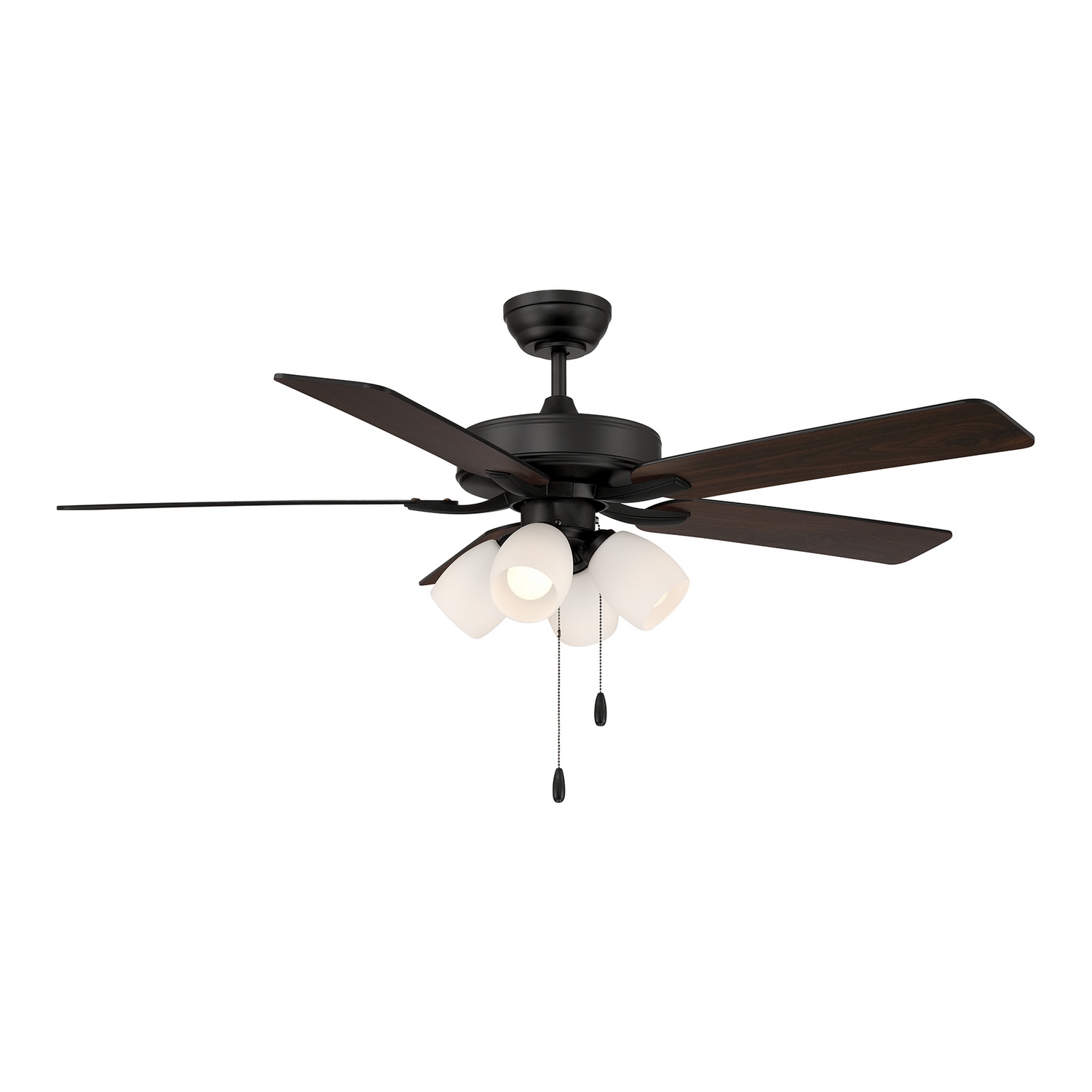 This 52" ceiling fan combines streamlined comfort with bold, versatile styling. Finished in Matte Black and accented by four white frosted glass shades, it brings crisp contrast and welcoming illumination to bedrooms, living spaces, and more. Reversible blades finished in walnut on one side and matte black on the other offer flexible styling options to coordinate beautifully with surrounding décor. Four LED bulbs with a 3000K color temperature are included. Features pull chain operation with 3-speed reversible control. Indoor use only. Comes with one 4.5" downrod. Additional downrods may be used for taller ceilings. Rooms: Bedroom, Billiard Room, Family Room, Great Rooms, Kitchen, Living Room, Office, Sunroom, Workshop, Lobby, Waiting Room, Media Room Finish: Matte Black Glass: White Opal Width: 52.00" Height: 12.63" Length: 52.00" Weight: 18.30 lb Rod: 1 x 4.5" Canopy: 2.38" x 5.88" x 5.88" Bulbs Included Number of Bulbs: 4 Bulb Base: E26 Light Source: Incandescent/LED Light Output: 3802.00 lm Delivered Lumens: 3269.00 lm Color Temperature: 2700 K CRI: 80 Rated Average Life: 15000 Voltage: 120.00 V Airflow: 5732 CFM Electricity Use: 61 W Airflow Efficiency: 93.2 CFM/W Blade Pitch: 11.5° Blade Span: 52" Blade Finish: Walnut/Matte Black Light Kit: Included Speeds: 3 Control: Pull Chain Downrod: 4.5" Material: Metal, Wood, Glass Safety Listing: ETL/CETL Safety Rating: Dry LED