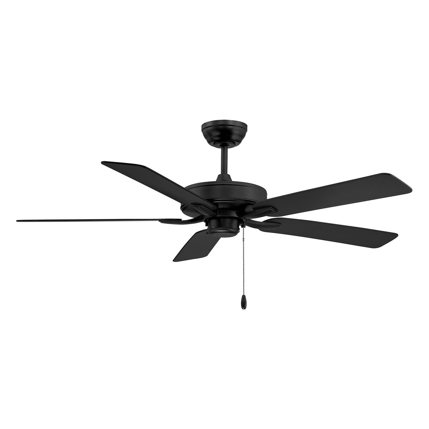 Bring bold modern style to indoor and outdoor spaces with this 52" ceiling fan. Its Matte Black finish and matching blades create a crisp, streamlined look that complements contemporary and transitional settings beautifully. Features pull chain operation with 3-speed reversible control for dependable everyday comfort. Wet area rated, this fan performs beautifully in indoor rooms as well as covered or uncovered outdoor spaces. Comes with one 6" downrod. Additional downrods may be used for taller ceilings. Rooms: Bedroom, Billiard Room, Family Room, Great Rooms, Kitchen, Living Room, Office, Sunroom, Workshop, Lobby, Waiting Room, Media Room Finish: Matte Black Width: 52.00" Height: 7.75" Length: 52.00" Weight: 14.50 lb Rod: 1 x 6" Canopy: 2.38" x 5.88" x 5.88" Voltage: 120.00 V Airflow: 5191 CFM Electricity Use: 60 W Airflow Efficiency: 86.23 CFM/W Blade Pitch: 11.5° Blade Span: 52" Blade Finish: Black Speeds: 3 Control: Pull Chain Downrod: 6" Material: Metal, ABS Safety Listing: ETL/CETL Safety Rating: Wet